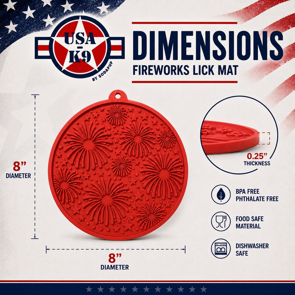 USA-K9 Fireworks Design eMat - Enrichment Lick Mat For Dogs and Cats - with Suction Cups | USA Made – Consulate X, view 5 of 7
