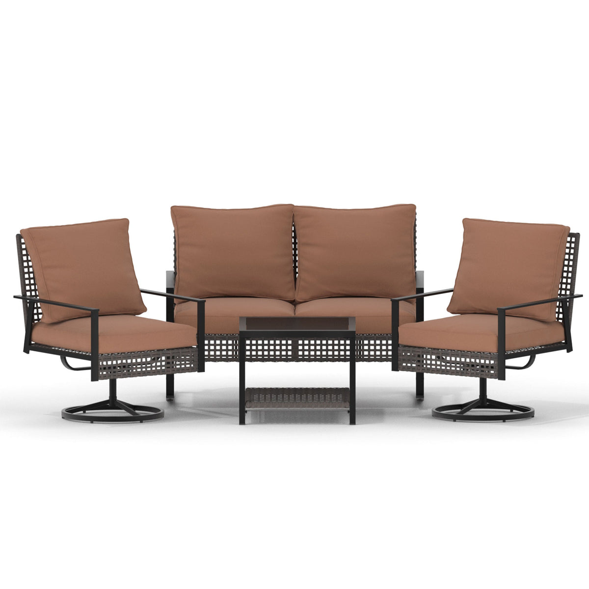 Ainfox 4-Piece Outdoor Patio Furniture Sofa Set, Includes 2 Swivel Glider Chairs,1 Tempered Glass-top Coffee Table and 1 Rocking Loveseat – Consulate X, view 1 of 13