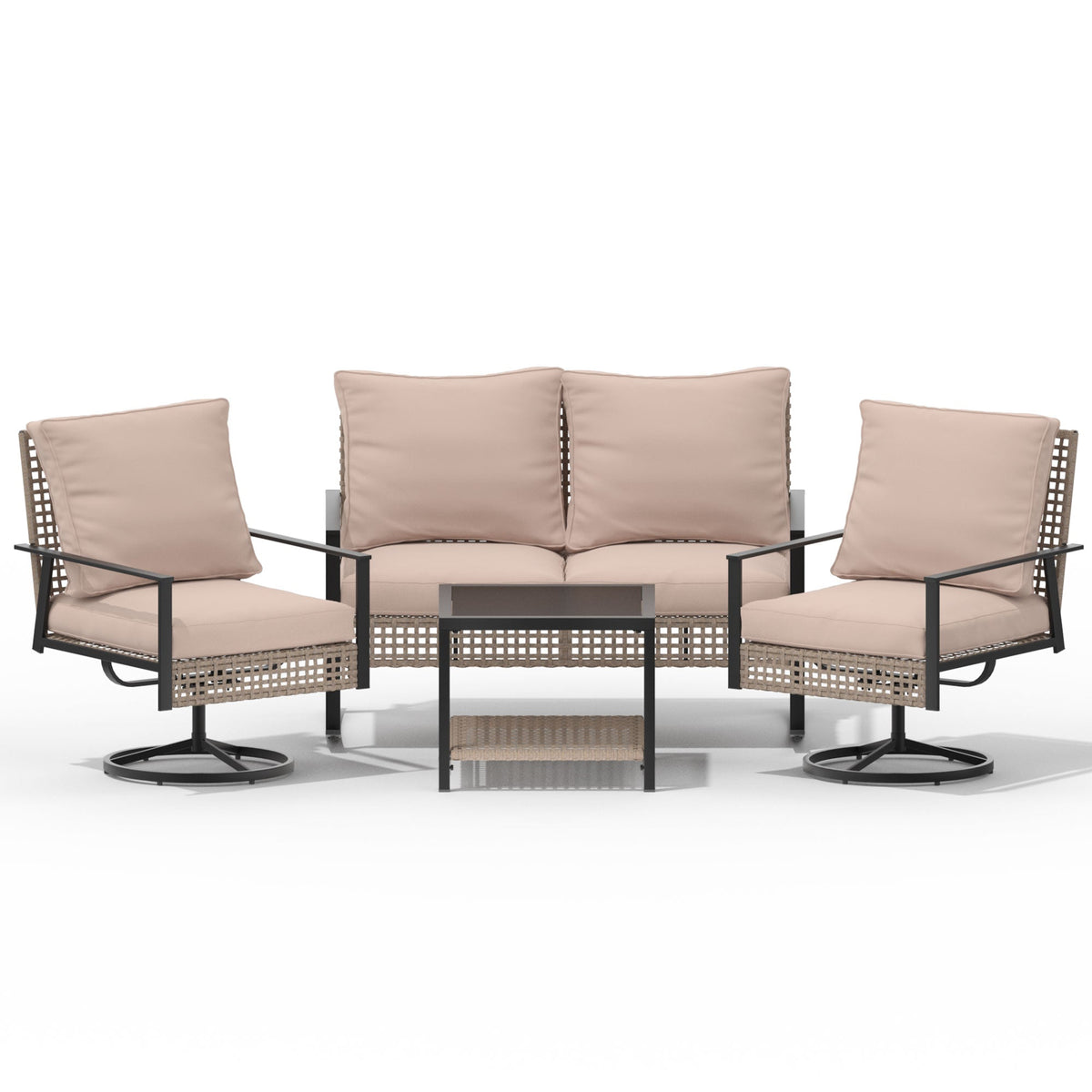 Ainfox 4-Piece Outdoor Patio Furniture Sofa Set, Includes 2 Swivel Glider Chairs,1 Tempered Glass-top Coffee Table and 1 Rocking Loveseat – Consulate X, view 13 of 13