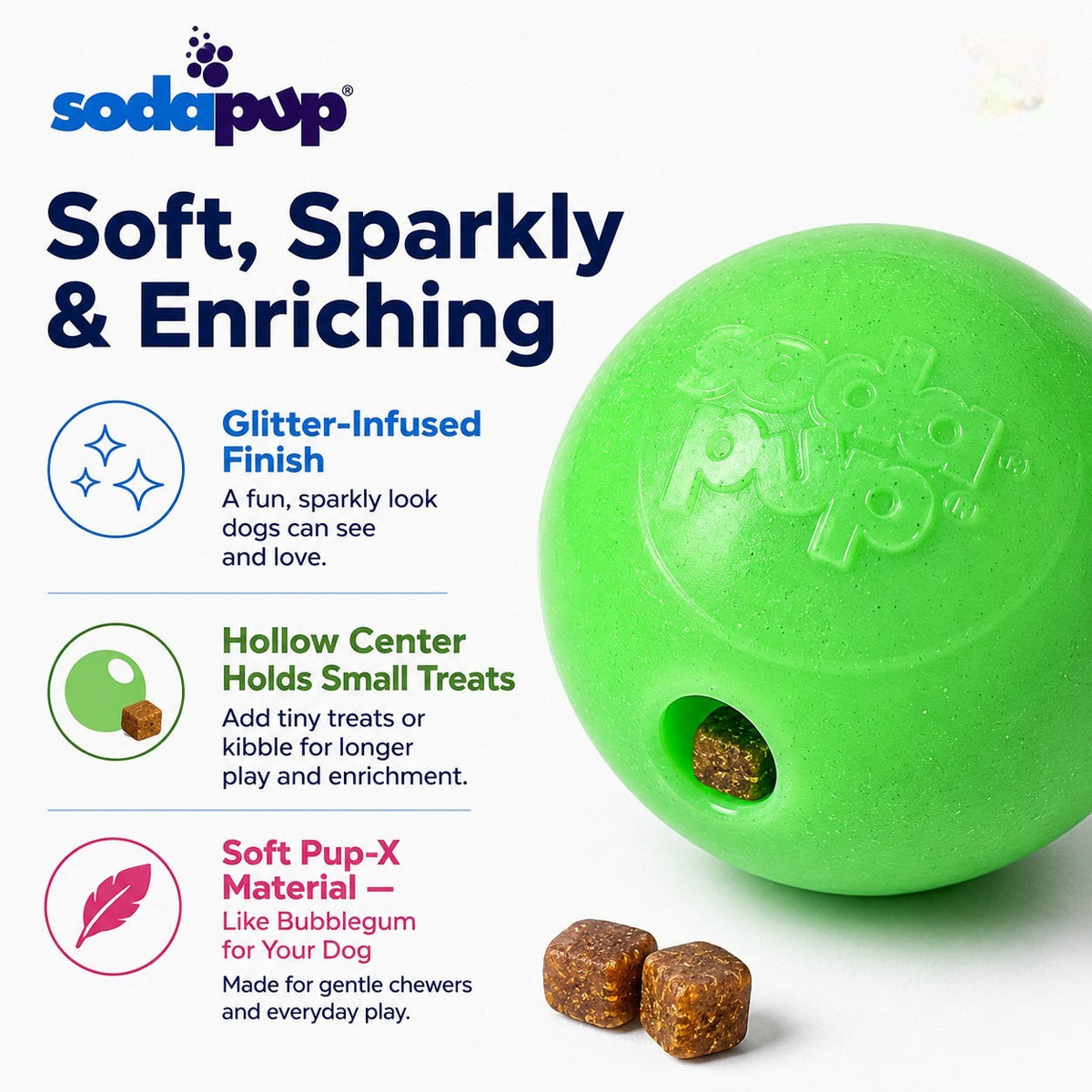 Green Glitter Ball 2-Pack Dog Toy | Soft PUP-X Rubber Floating Fetch Ball with Treat Dispenser | USA Made – Consulate X, view 7 of 8