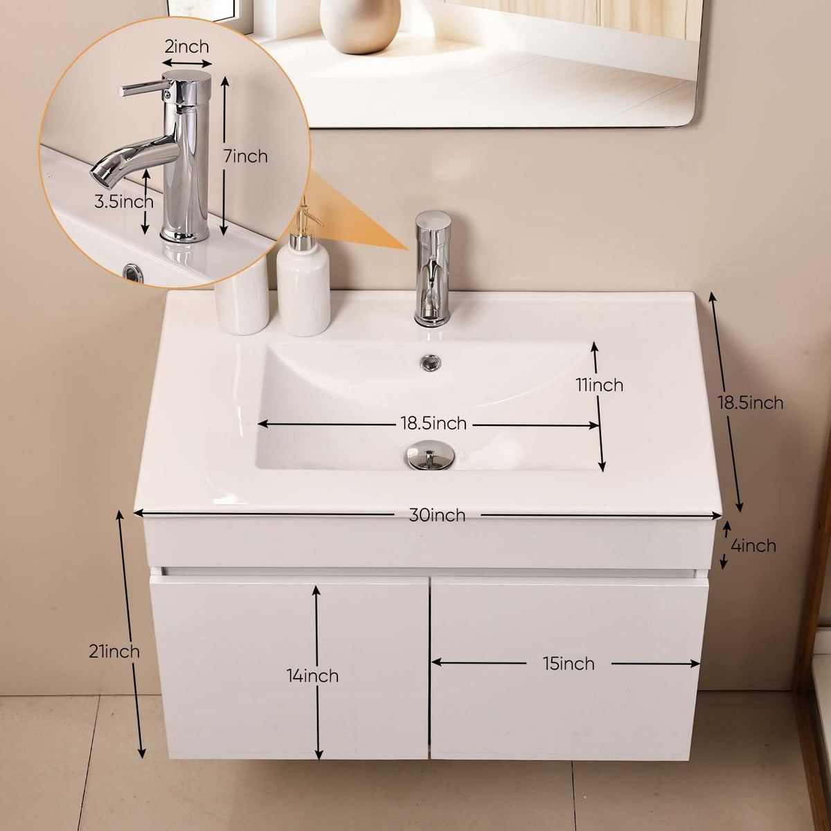 Ainfox Wall Mounted Bathroom Vanity with Ceramic Top and Sink, Storage Cabinet, Faucet Combo Set – Consulate X, view 8 of 10