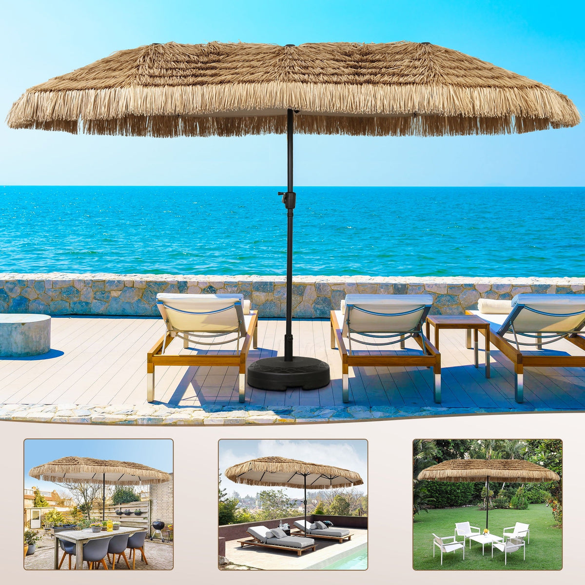 Ainfox 13ft Large Thatched Tiki Patio Umbrella, Outdoor Heavy-Duty Double-Sided Rectangle Market Umbrella for Garden, Deck, Backyard, Pool, Beach – Consulate X, view 7 of 10