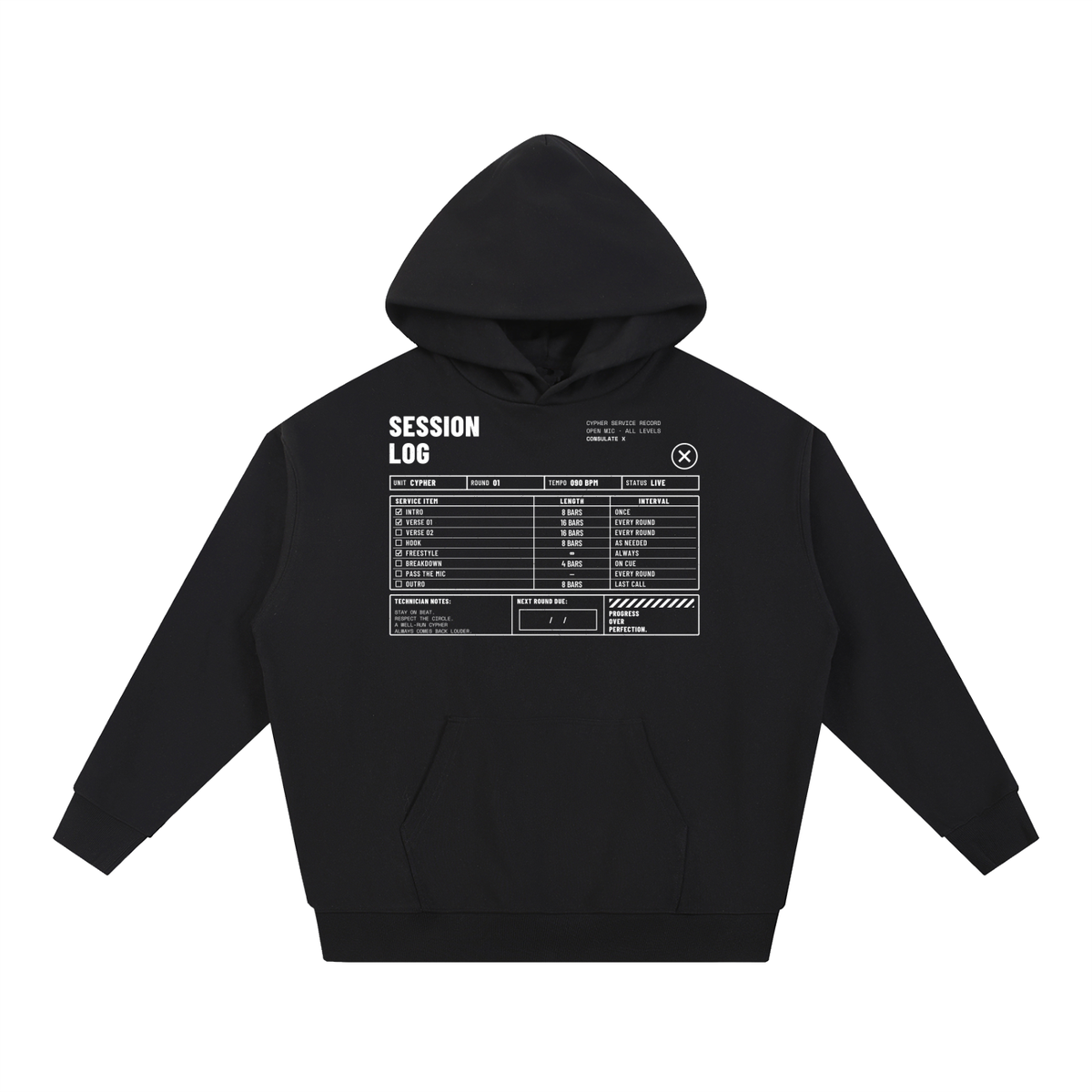 Session Log Heavyweight Hoodie in Black, front