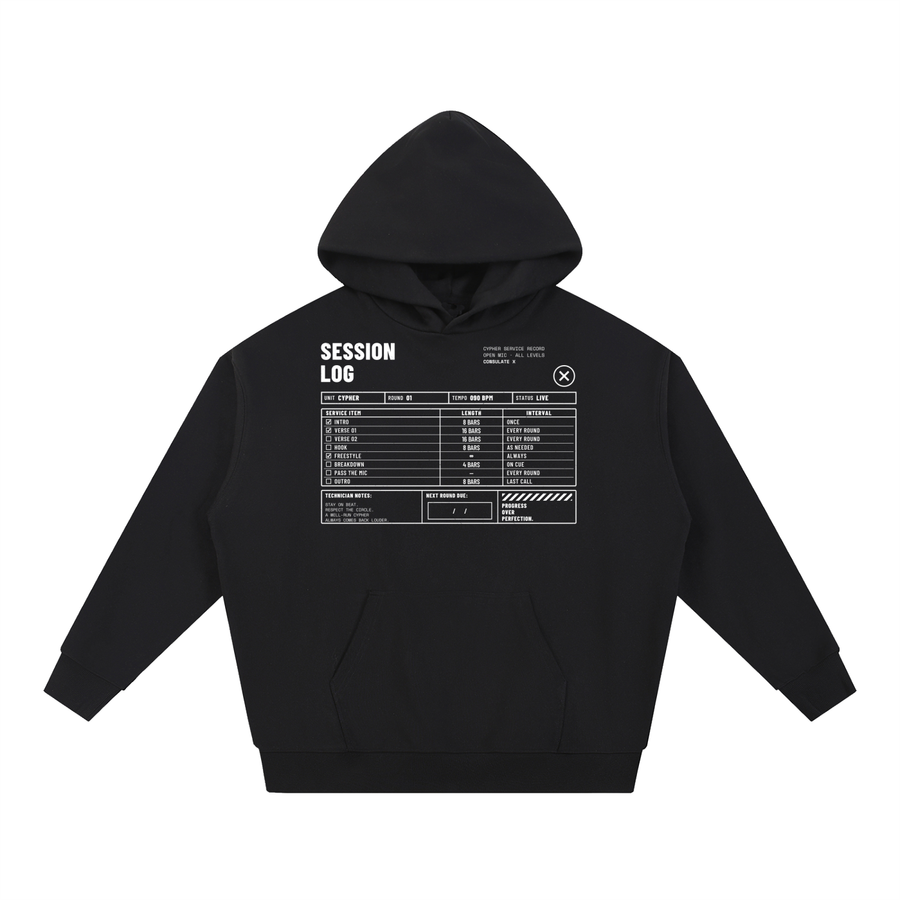 Session Log Heavyweight Hoodie in Black, front