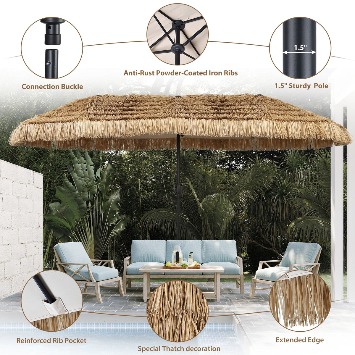 Ainfox 13ft Large Thatched Tiki Patio Umbrella, Outdoor Heavy-Duty Double-Sided Rectangle Market Umbrella for Garden, Deck, Backyard, Pool, Beach – Consulate X, view 8 of 10