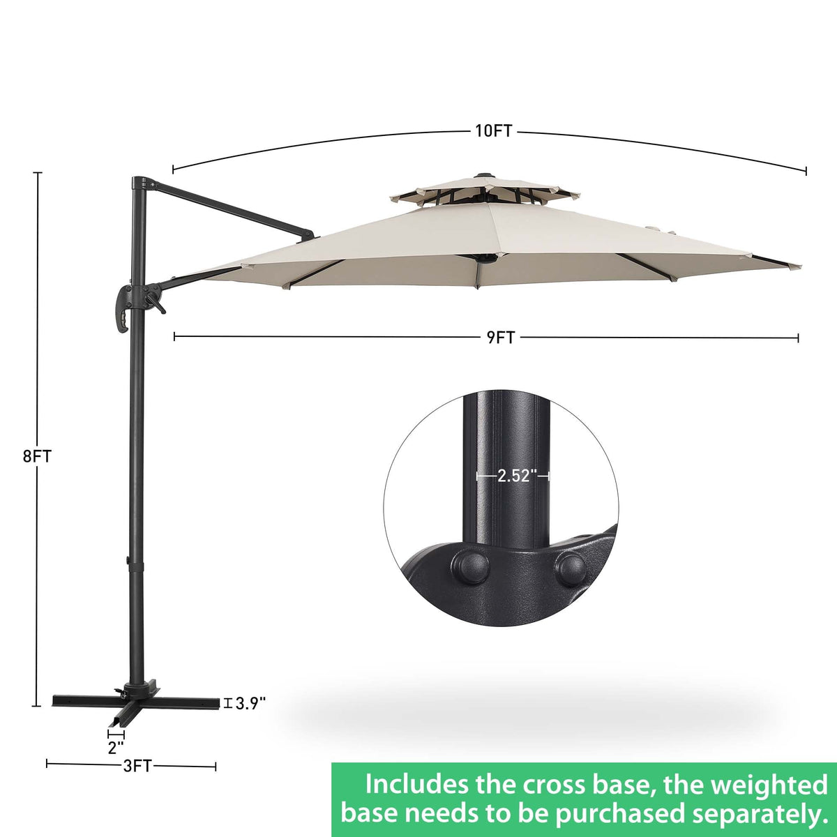 Ainfox 10ft Double Top Heavy-Duty Patio Cantilever Umbrella with Cross Base, Outdoor Large Offset Hanging Aluminum Rotation Sun Shade Umbrella with 360°Rotation Adjustable – Consulate X, view 8 of 9
