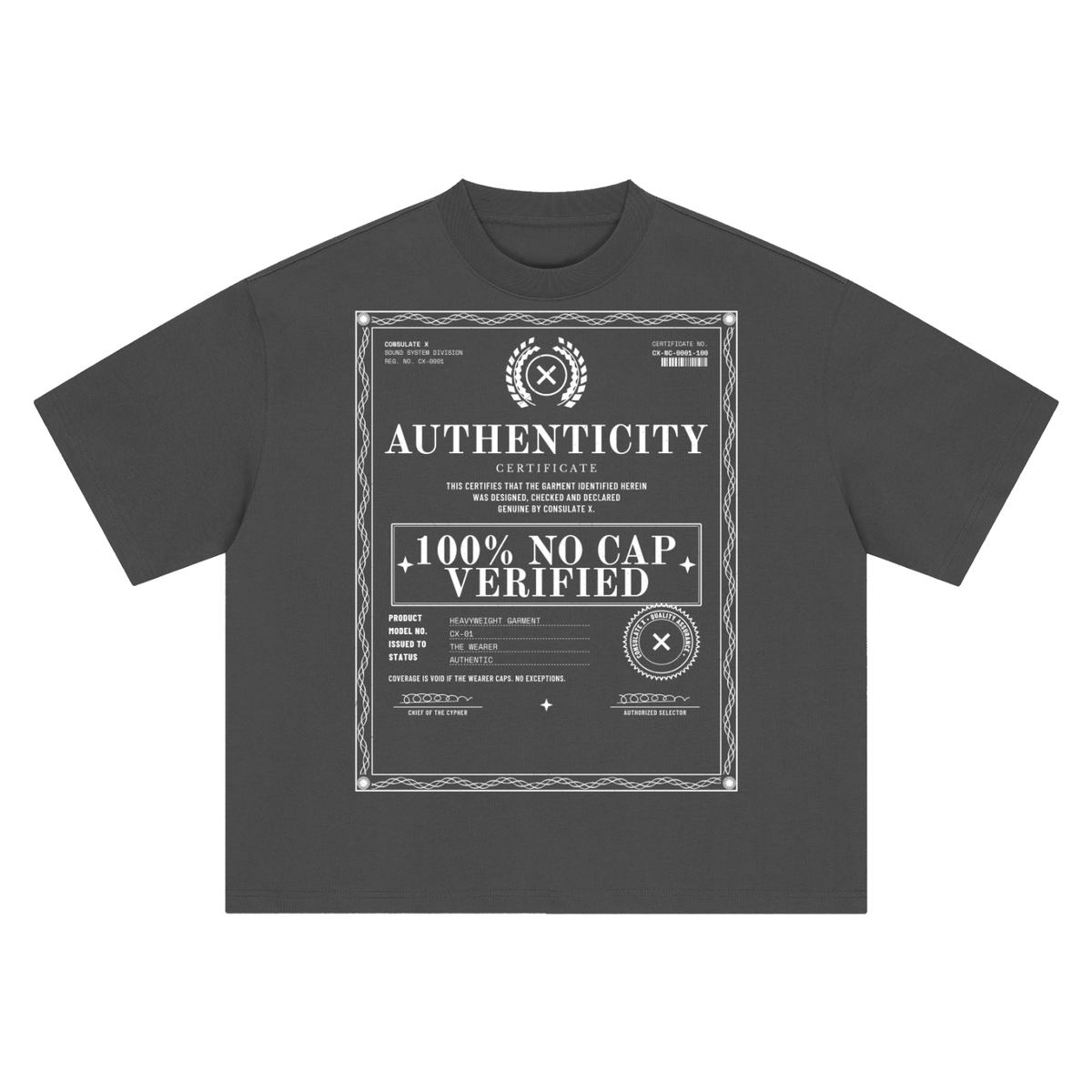 100% No Cap Certificate Heavyweight Tee in Dark Gray, front