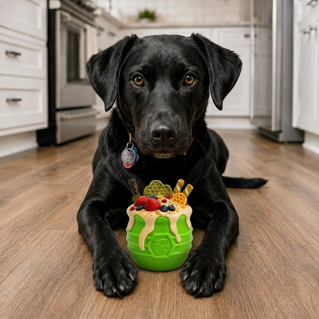 Honey Pot Dog eCup Treat Dispenser | Durable PUP-X Rubber Enrichment Toy | USA Made - Limited Edition Apple Green – Consulate X, view 2 of 9
