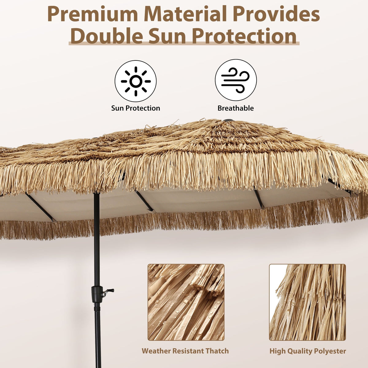 Ainfox 13ft Large Thatched Tiki Patio Umbrella, Outdoor Heavy-Duty Double-Sided Rectangle Market Umbrella for Garden, Deck, Backyard, Pool, Beach – Consulate X, view 6 of 10