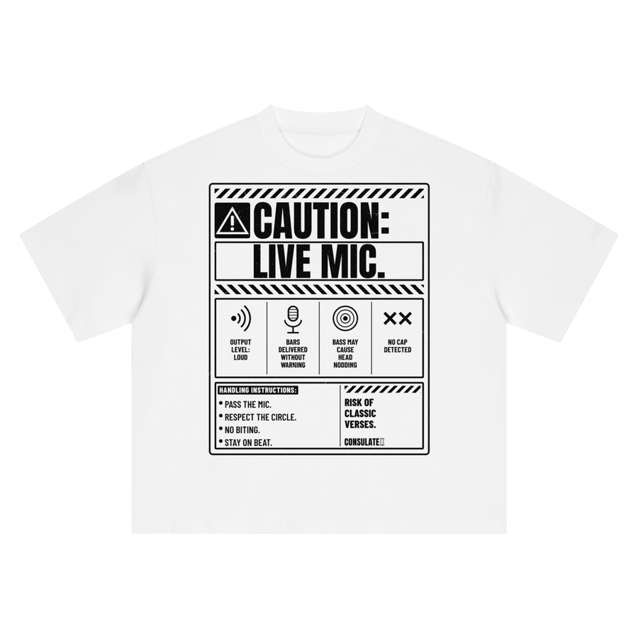 Caution: Live Mic Heavyweight Tee in White, front