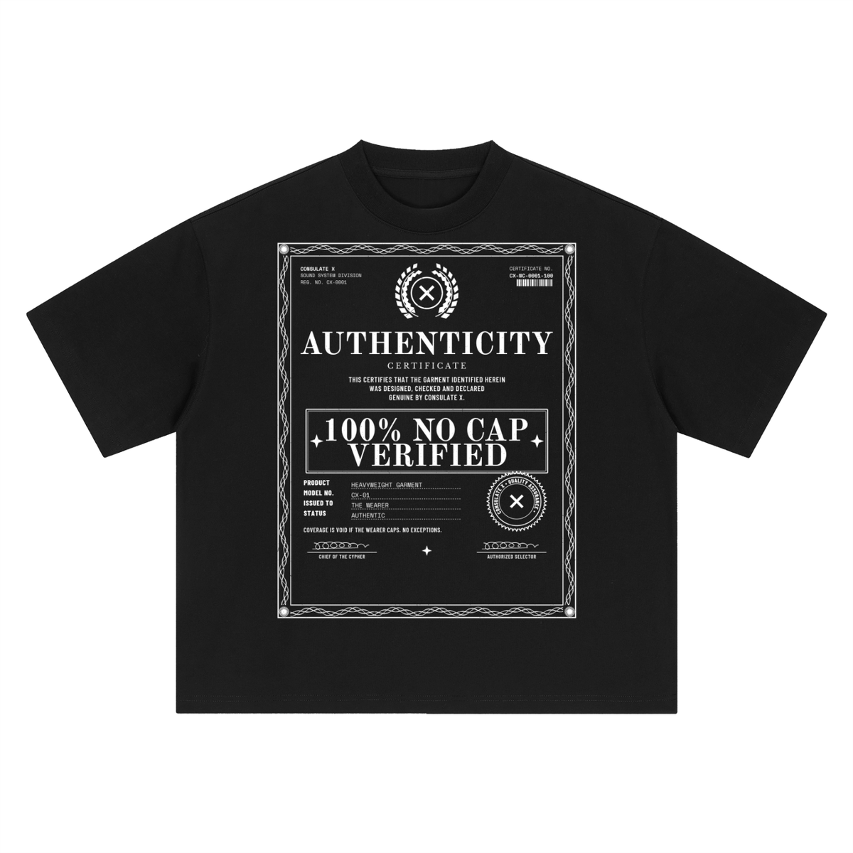 100% No Cap Certificate Heavyweight Tee in Black, front