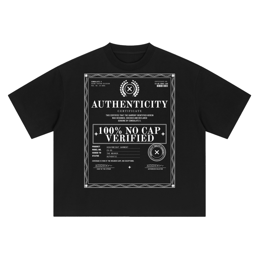 100% No Cap Certificate Heavyweight Tee in Black, front