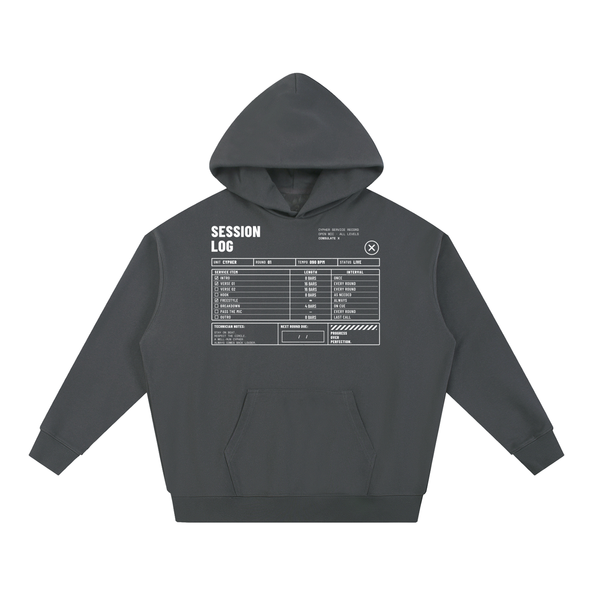 Session Log Heavyweight Hoodie in Dark Gray, front