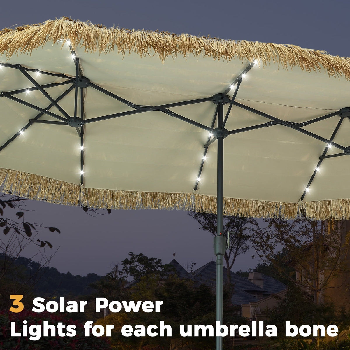 Ainfox 13ft Large Thatched Tiki Patio Umbrella with Solar LED Lights, Outdoor Heavy-Duty Double-Sided Rectangle Market Umbrella for Garden, Deck, Backyard, Pool, Beach – Consulate X, view 8 of 9