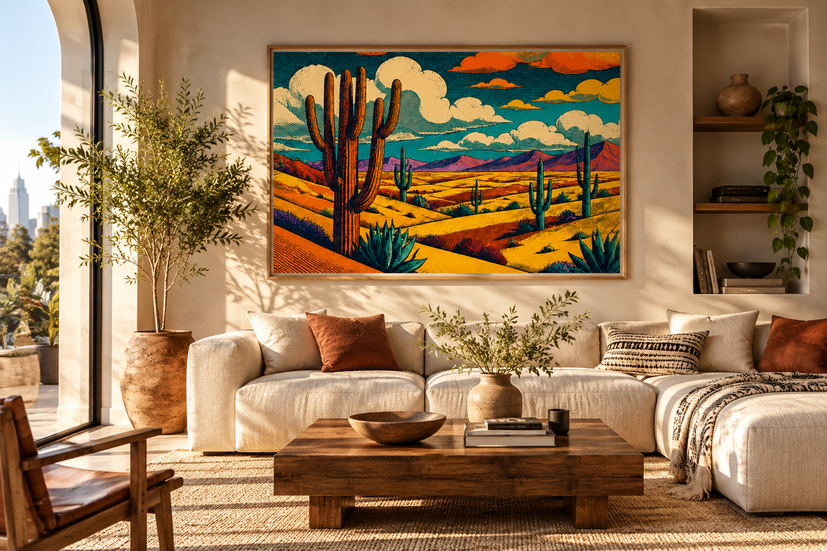 Colorful desert wall art showcased above a cream sofa in a sunlit living room