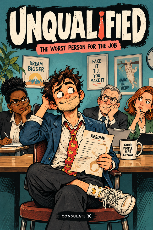 Unqualified illustrated card-game cover concept; incompetent job applicant faces skeptical interviewers; AI-generated preview