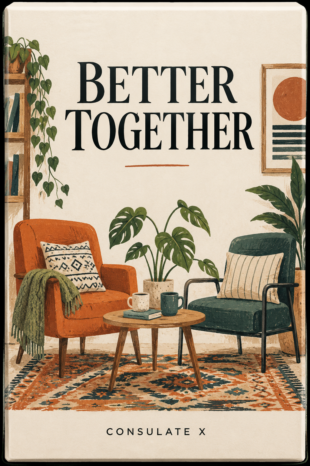 Revised illustrated cover concept for Better Together. AI-generated development artwork, not final manufactured packaging.