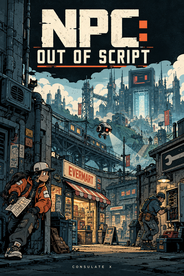 Revised illustrated cover concept for NPC: Out of Script. AI-generated development artwork, not final manufactured packaging.