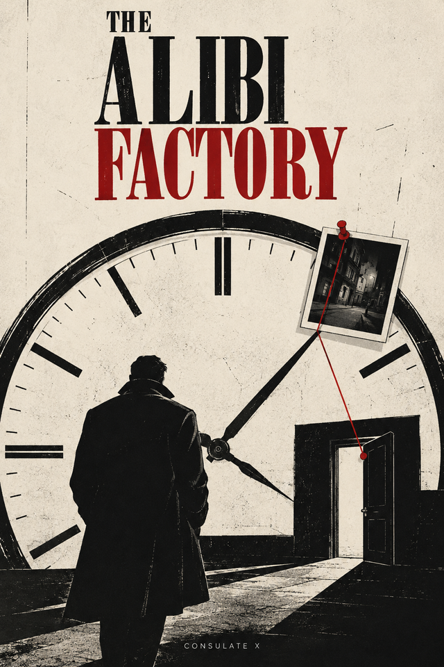 Revised illustrated cover concept for The Alibi Factory. AI-generated development artwork, not final manufactured packaging.