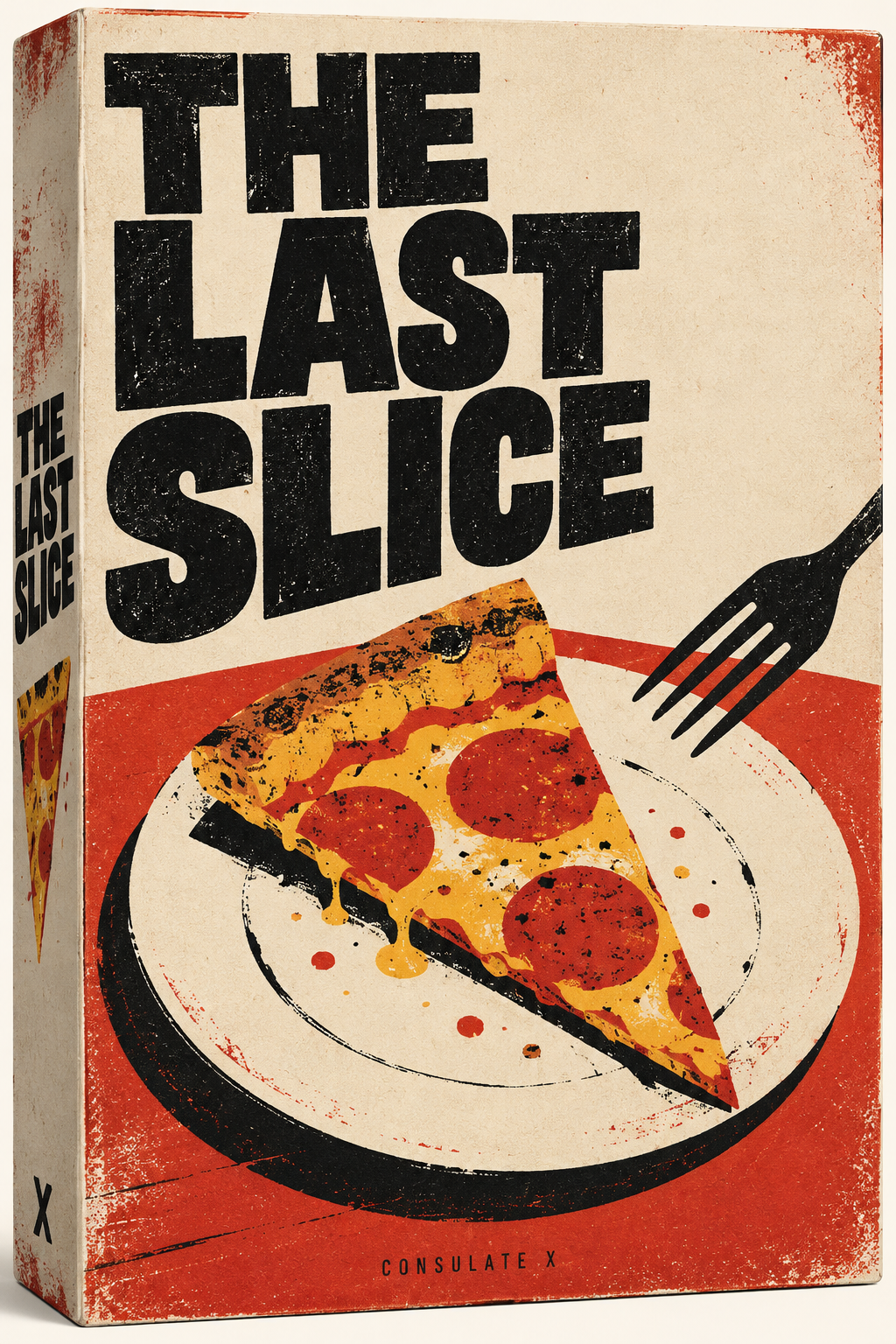 Revised illustrated cover concept for The Last Slice. AI-generated development artwork, not final manufactured packaging.