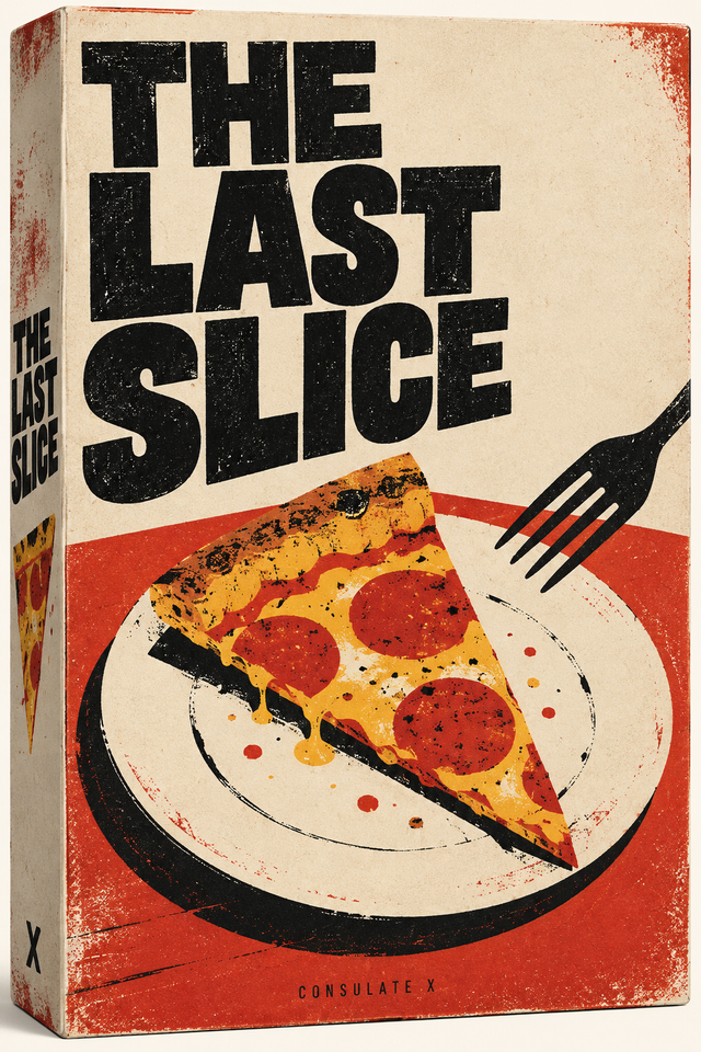 Revised illustrated cover concept for The Last Slice. AI-generated development artwork, not final manufactured packaging.