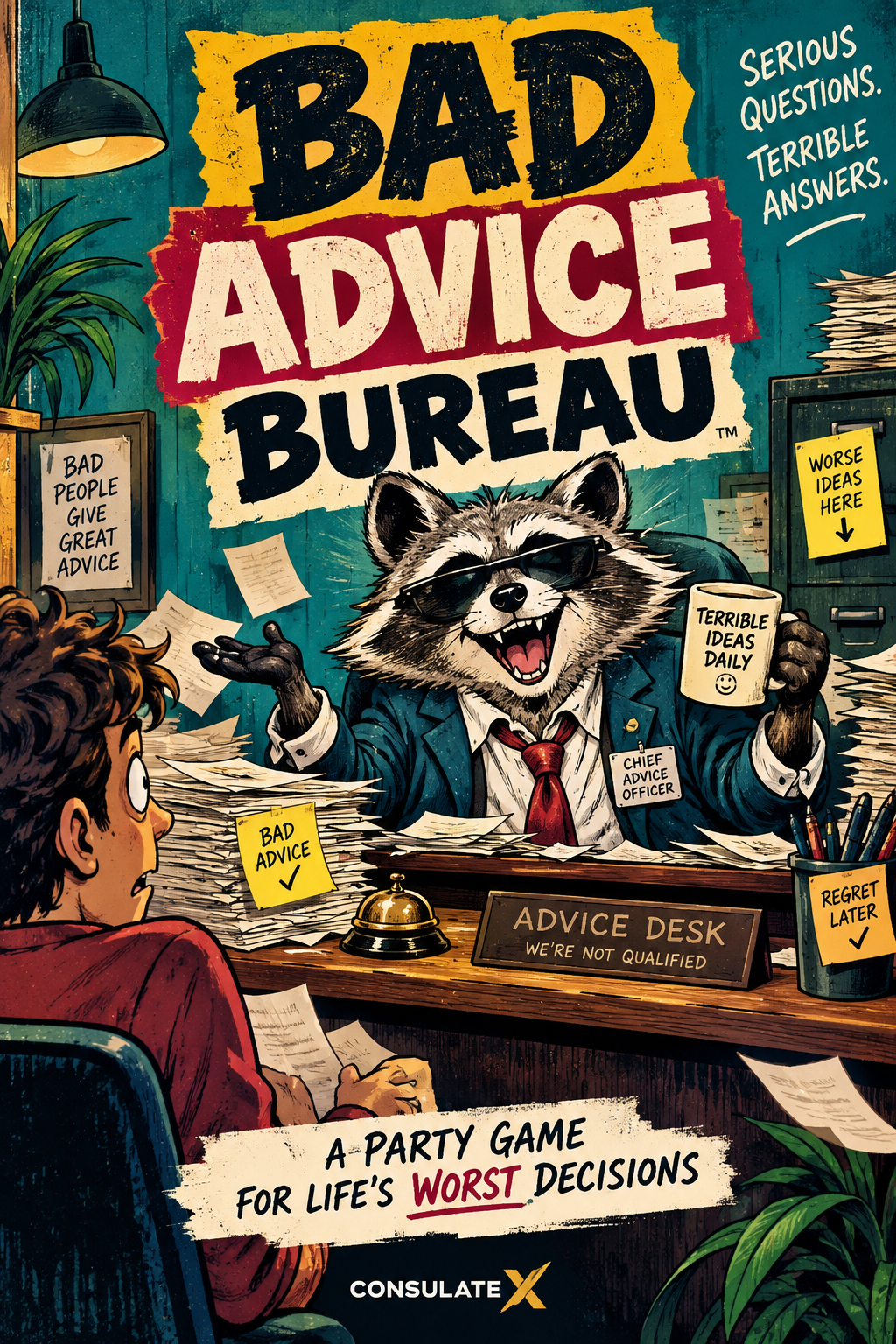 Illustrated concept cover for Bad Advice Bureau card game. AI-generated, subject to final production art approval.