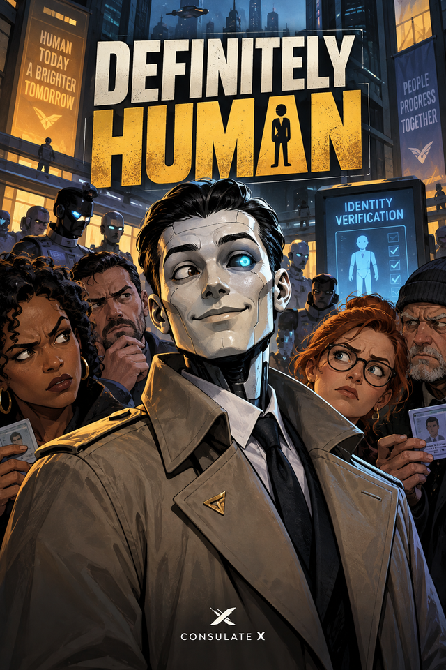 Illustrated concept cover for Definitely Human card game. AI-generated, subject to final production art approval.