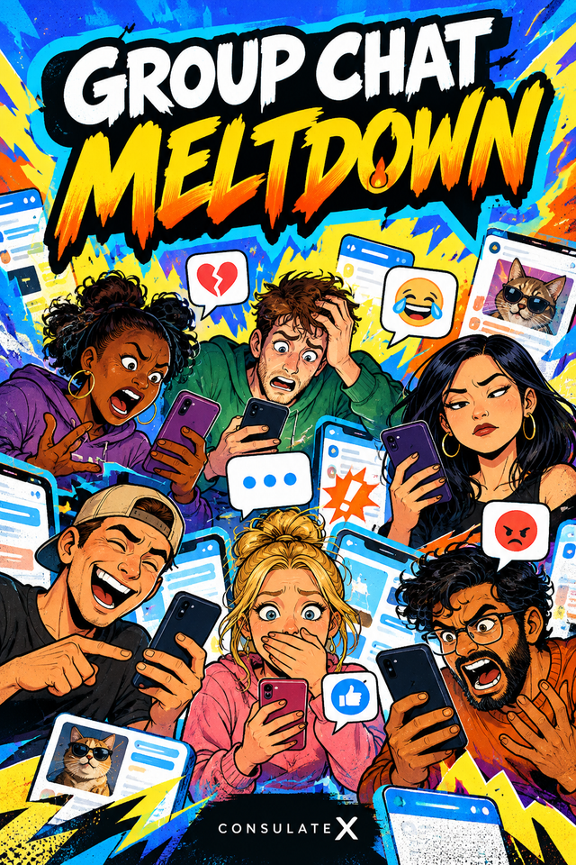 Illustrated concept cover for Group Chat Meltdown card game. AI-generated, subject to final production art approval.
