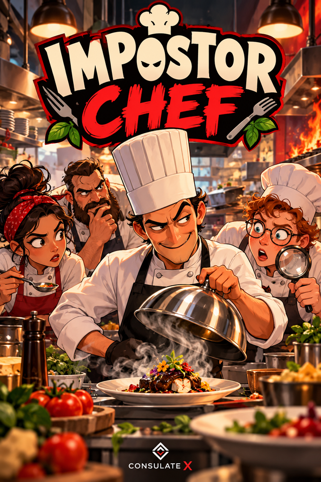Illustrated concept cover for Impostor Chef card game. AI-generated, subject to final production art approval.