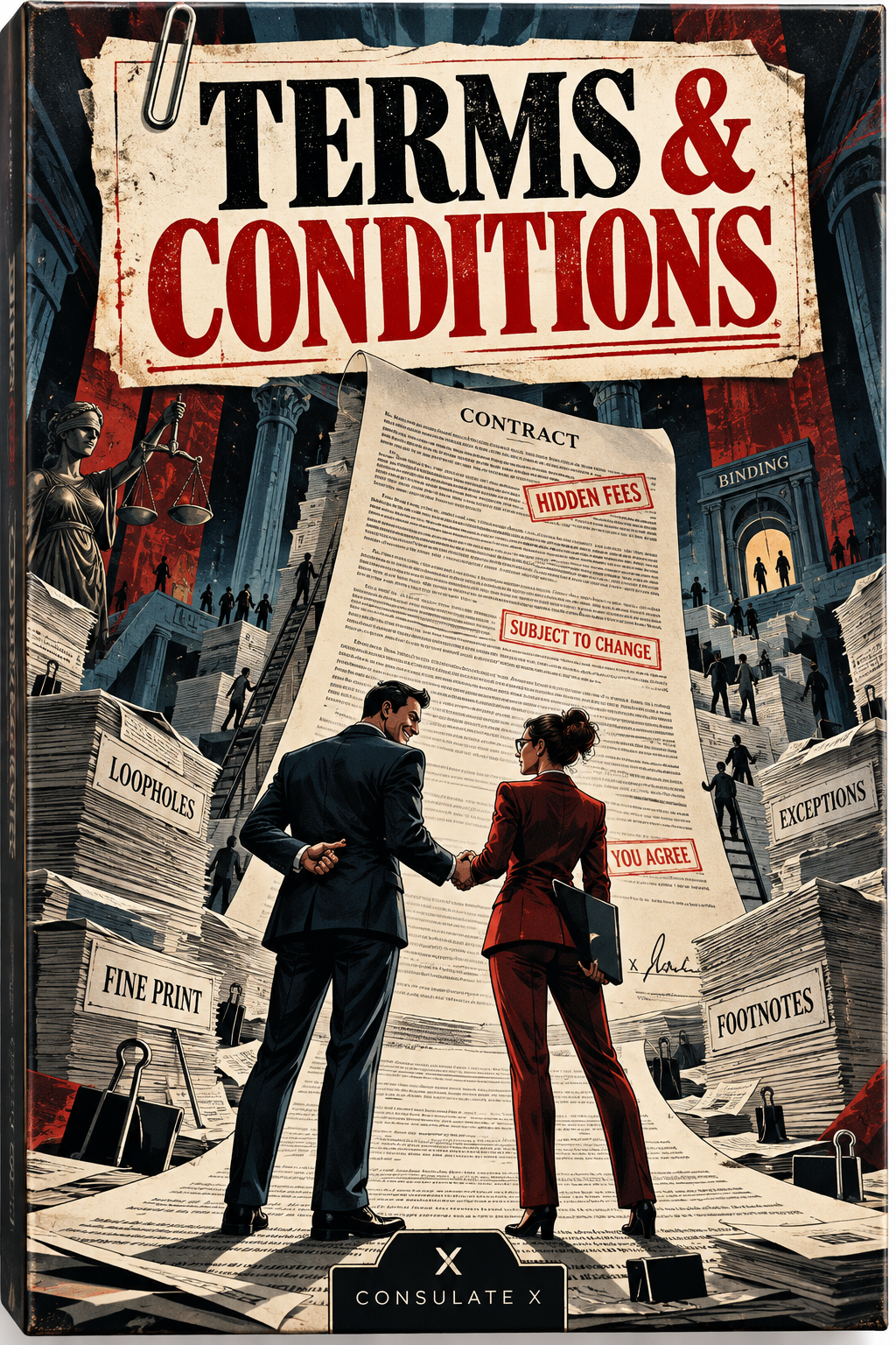 Illustrated concept cover for Terms & Conditions card game. AI-generated, subject to final production art approval.