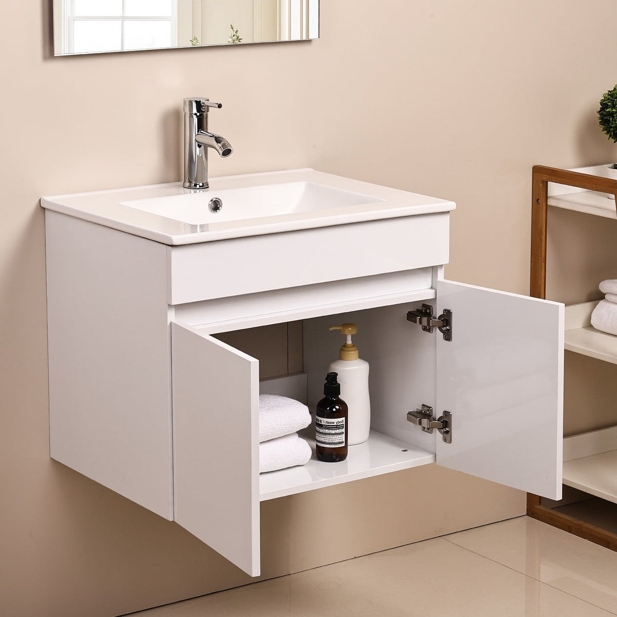 Ainfox Wall Mounted Bathroom Vanity with Ceramic Top and Sink, Storage Cabinet, Faucet Combo Set – Consulate X, view 6 of 10