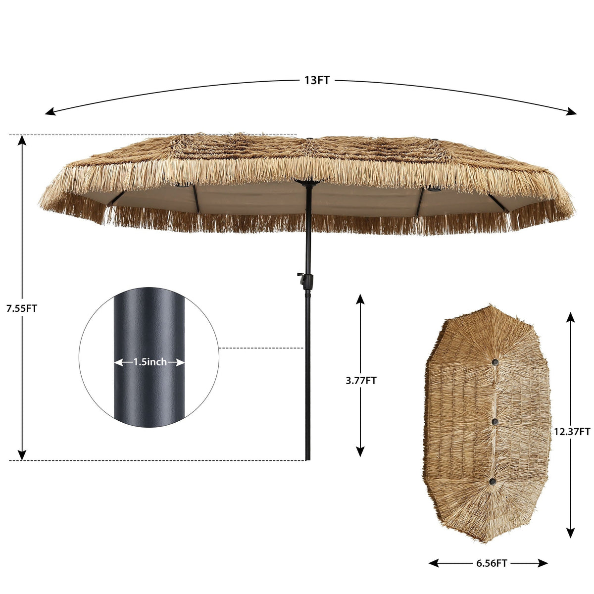Ainfox 13ft Large Thatched Tiki Patio Umbrella, Outdoor Heavy-Duty Double-Sided Rectangle Market Umbrella for Garden, Deck, Backyard, Pool, Beach – Consulate X, view 4 of 10
