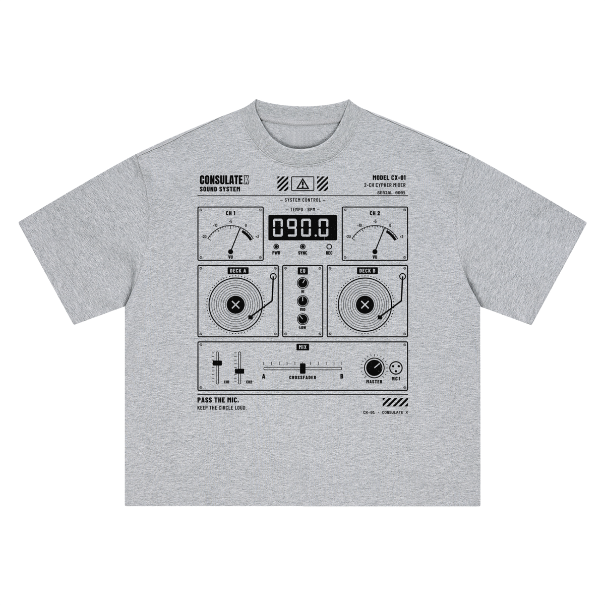 CX-01 Sound System Heavyweight Tee in Heather Gray, front