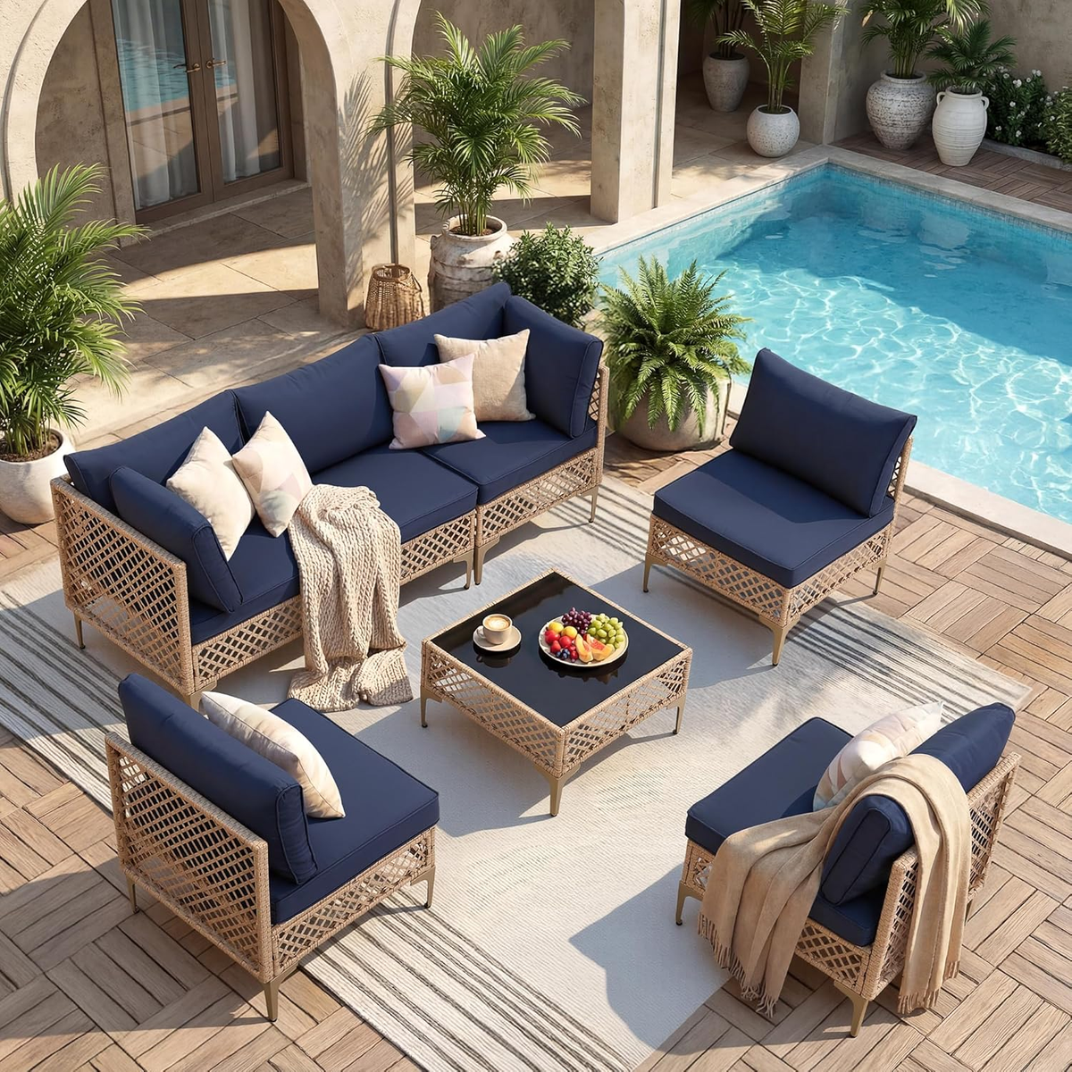 Ainfox 7 Pieces Outdoor Wicker Modular Patio Sectional Set with Thick Cushions & Tempered Glass Table – Consulate X, view 13 of 13