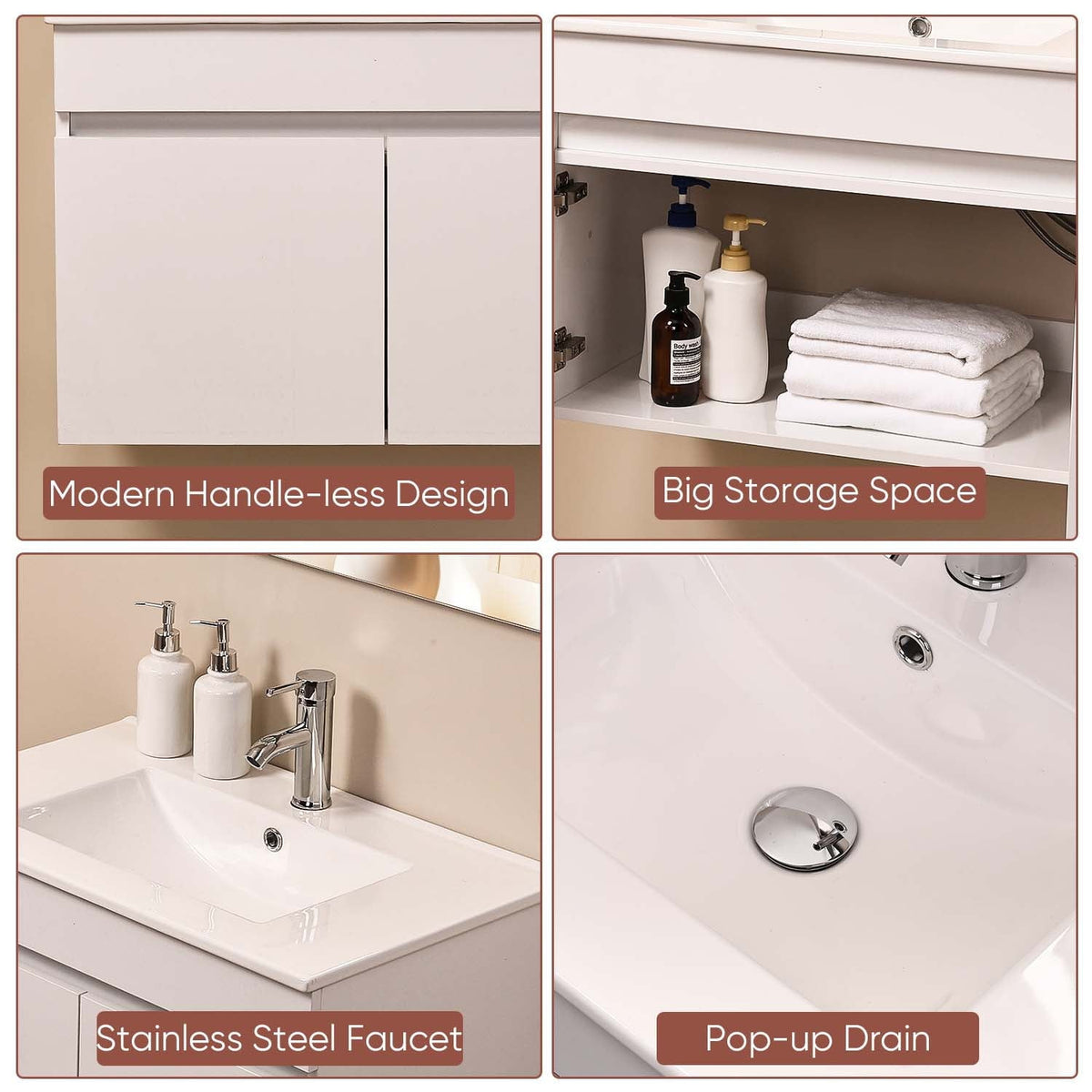 Ainfox Wall Mounted Bathroom Vanity with Ceramic Top and Sink, Storage Cabinet, Faucet Combo Set – Consulate X, view 5 of 10