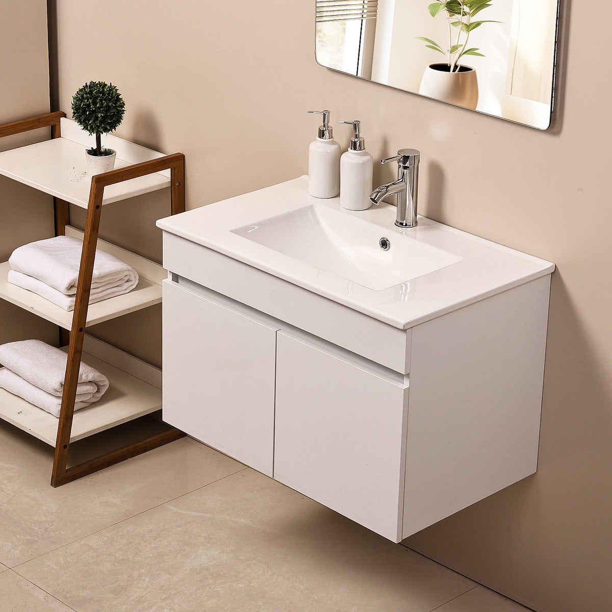 Ainfox Wall Mounted Bathroom Vanity with Ceramic Top and Sink, Storage Cabinet, Faucet Combo Set – Consulate X, view 9 of 10