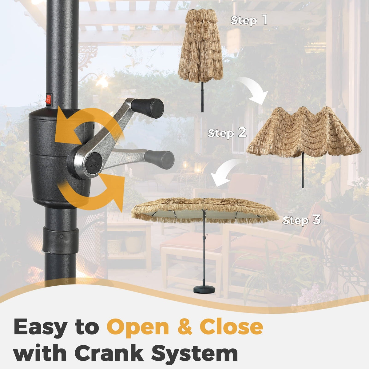 Ainfox 13ft Large Thatched Tiki Patio Umbrella with Solar LED Lights, Outdoor Heavy-Duty Double-Sided Rectangle Market Umbrella for Garden, Deck, Backyard, Pool, Beach – Consulate X, view 3 of 9