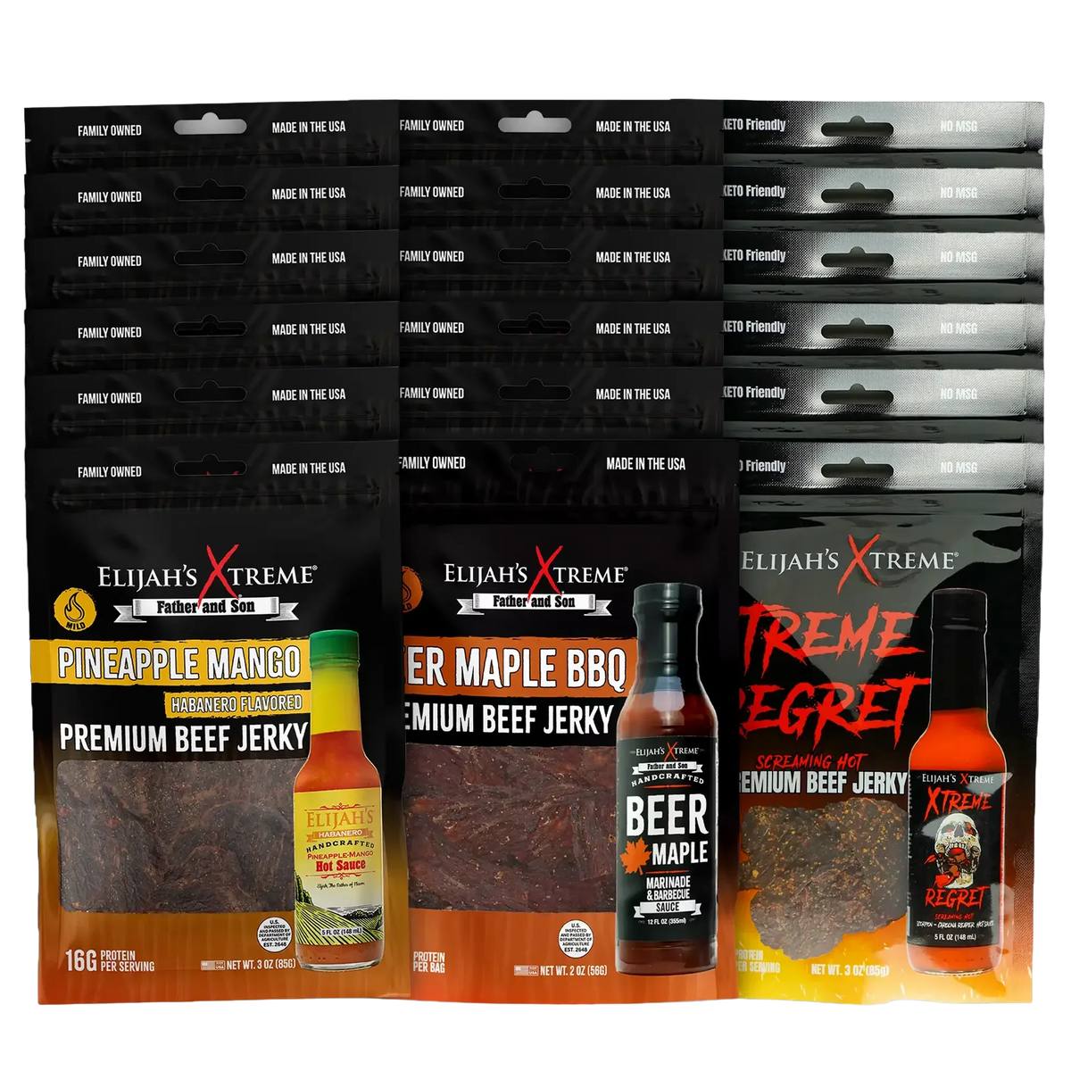 Elijah’s Xtreme Beef Jerky Bulk Trio - 6 bags of Each Flavor, 18 bags total (3lbs) – Consulate X, view 1 of 10
