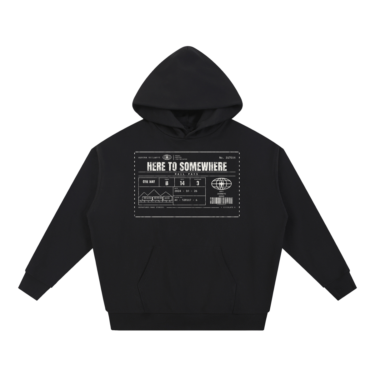 Here to Somewhere Rail Pass Heavyweight Hoodie – Consulate X heavyweight hoodie, view 1 of 4