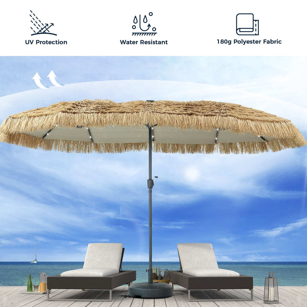 Ainfox 13ft Large Thatched Tiki Patio Umbrella with Solar LED Lights, Outdoor Heavy-Duty Double-Sided Rectangle Market Umbrella for Garden, Deck, Backyard, Pool, Beach – Consulate X, view 4 of 9