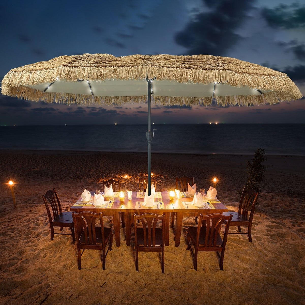 Ainfox 13ft Large Thatched Tiki Patio Umbrella with Solar LED Lights, Outdoor Heavy-Duty Double-Sided Rectangle Market Umbrella for Garden, Deck, Backyard, Pool, Beach – Consulate X, view 2 of 9
