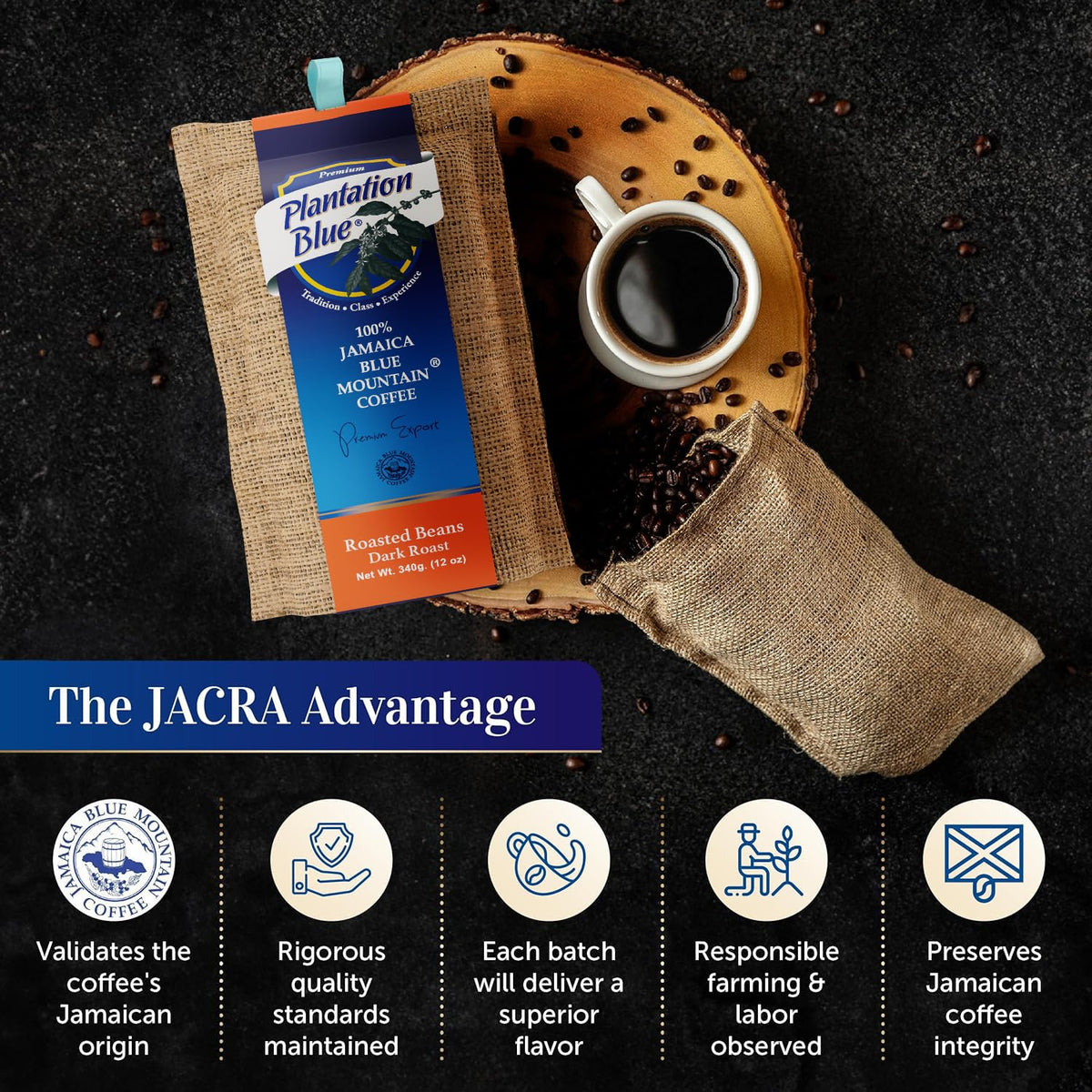 Plantation Blue 100% Jamaica Blue Mountain Coffee - Dark Roasted Beans (12oz) – Consulate X, view 4 of 9