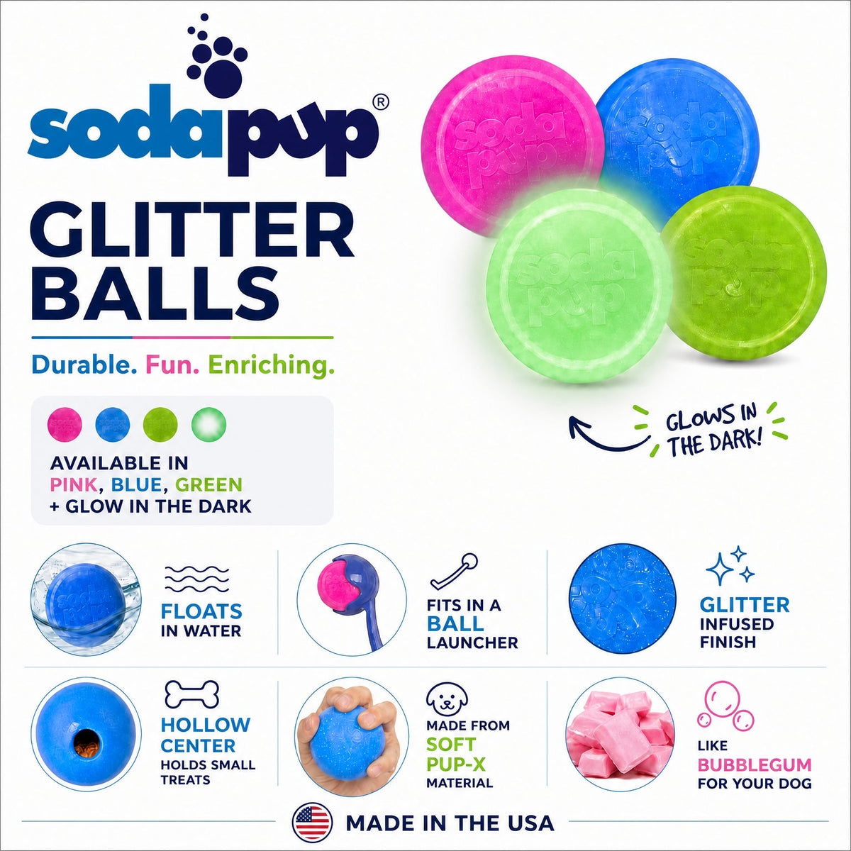 Glitter Ball  Dog Toy | Soft PUP-X Rubber Floating Fetch Ball with Treat Dispenser | USA Made – Consulate X, view 3 of 15