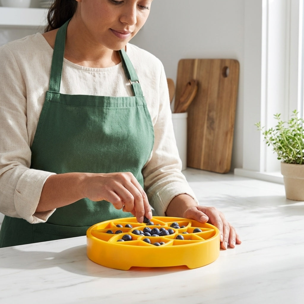 Sunflower Softie eTray Slow Feeder Dog Bowl | Soft Shallow Lick Mat | Yellow & Purple | USA Made – Consulate X, view 8 of 9