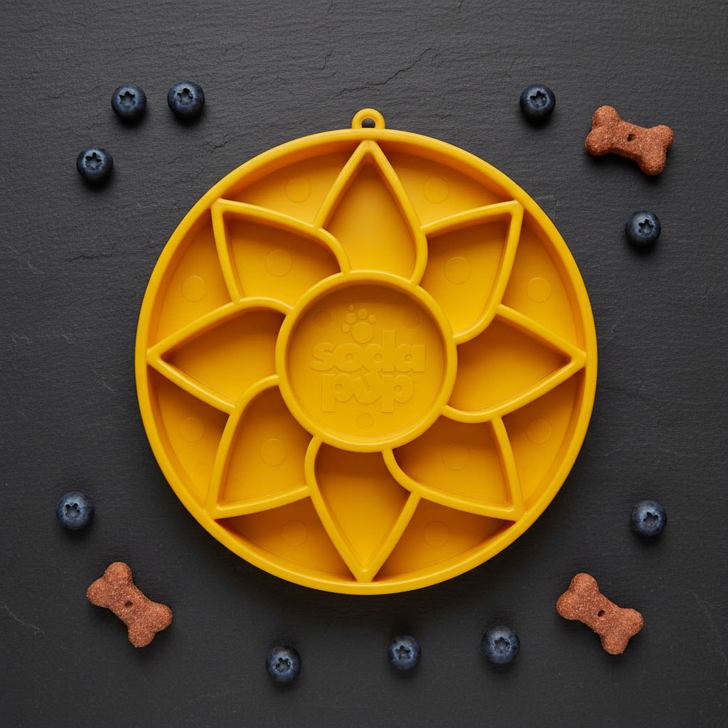 Sunflower Softie eTray Slow Feeder Dog Bowl | Soft Shallow Lick Mat | Yellow & Purple | USA Made – Consulate X, view 3 of 9