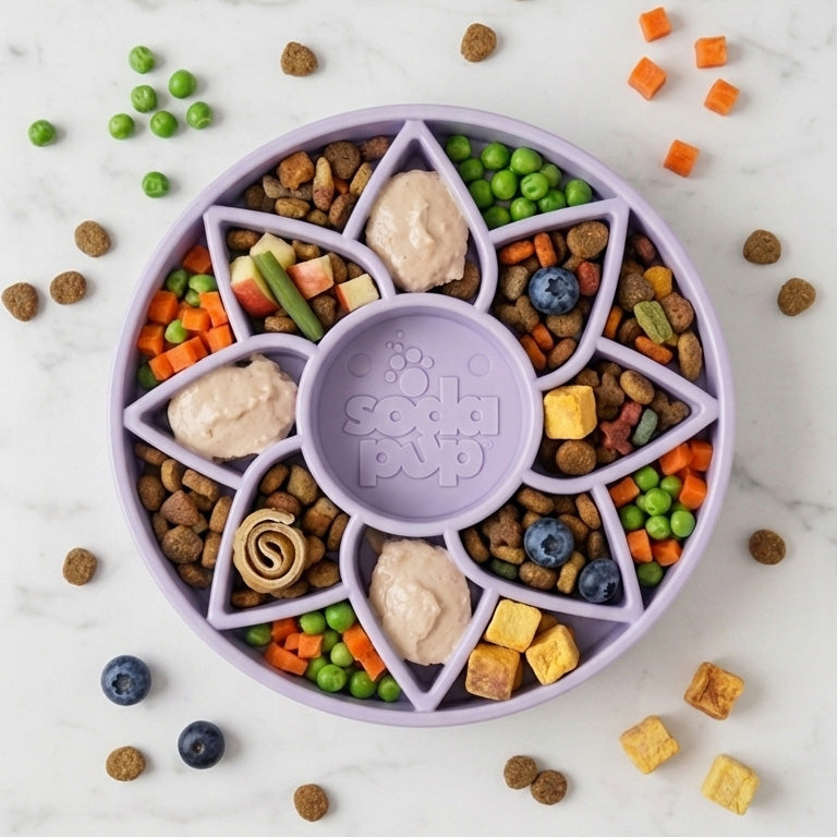 Sunflower Softie eTray Slow Feeder Dog Bowl | Soft Shallow Lick Mat | Yellow & Purple | USA Made – Consulate X, view 2 of 9